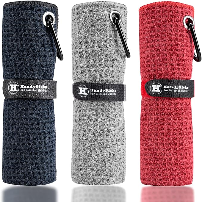 Handy Picks Microfiber Golf Towel – 16x16 Waffle Pattern with Carabiner Clip